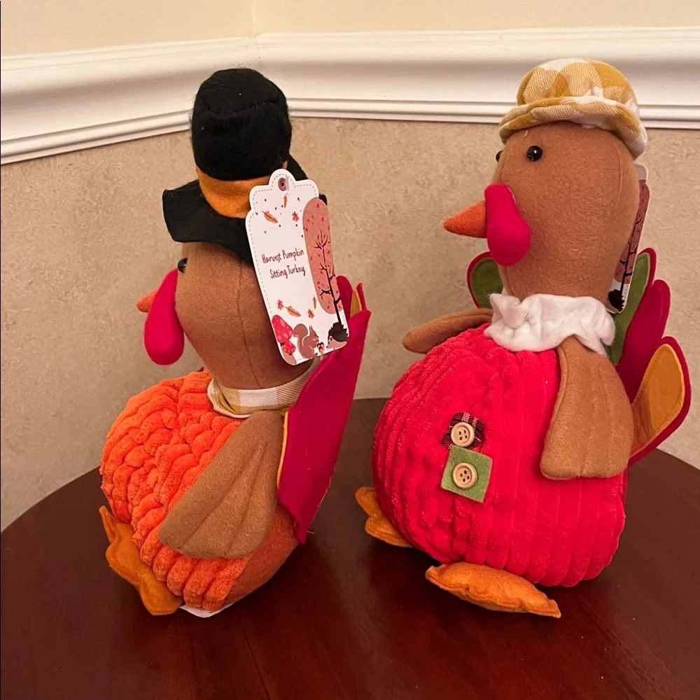 Set of two 11” Harvest Pumpkin Sitting Turkeys –Thanksgiving Décor